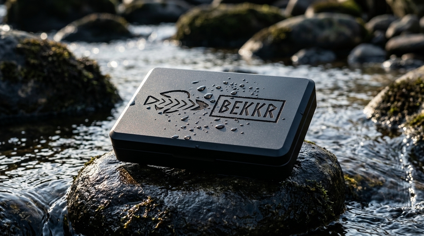BEKKR Tactical Matte Black Aluminum Fly Box resting on wet river granite stone in Yorkshire Dales stream