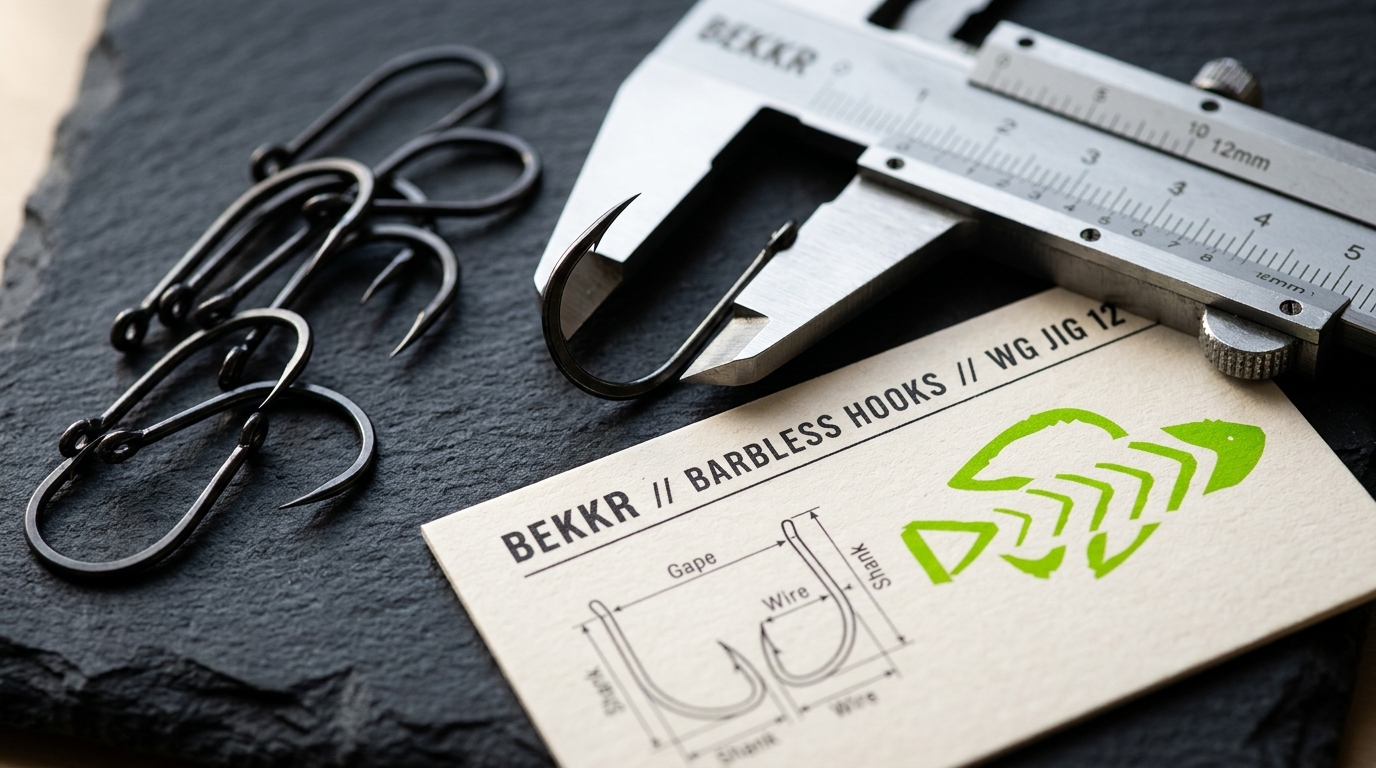 BEKKR Precision Barbless Hooks with Vernier Caliper and Technical Specification Card on Slate Block