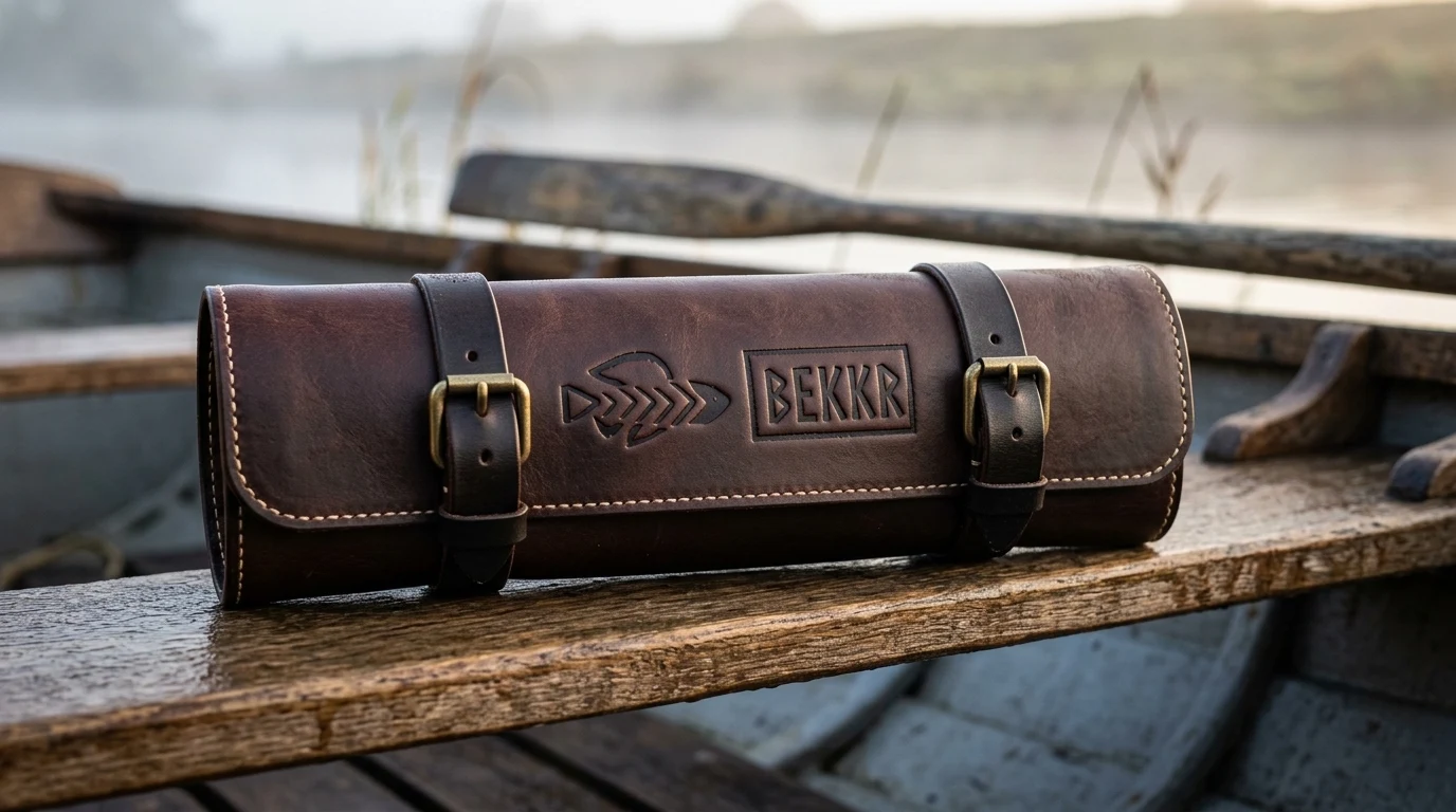 BEKKR Full Grain Bridle Leather Field Tackle Roll with Blind Debossed Hallmark on Wooden River Skiff