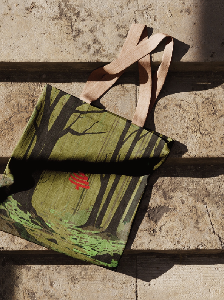 Mulberry Hill Organic Canvas Guest Tote Bag with Pine Forest Print in Raking Morning Sunlight on Mountain Stone Steps