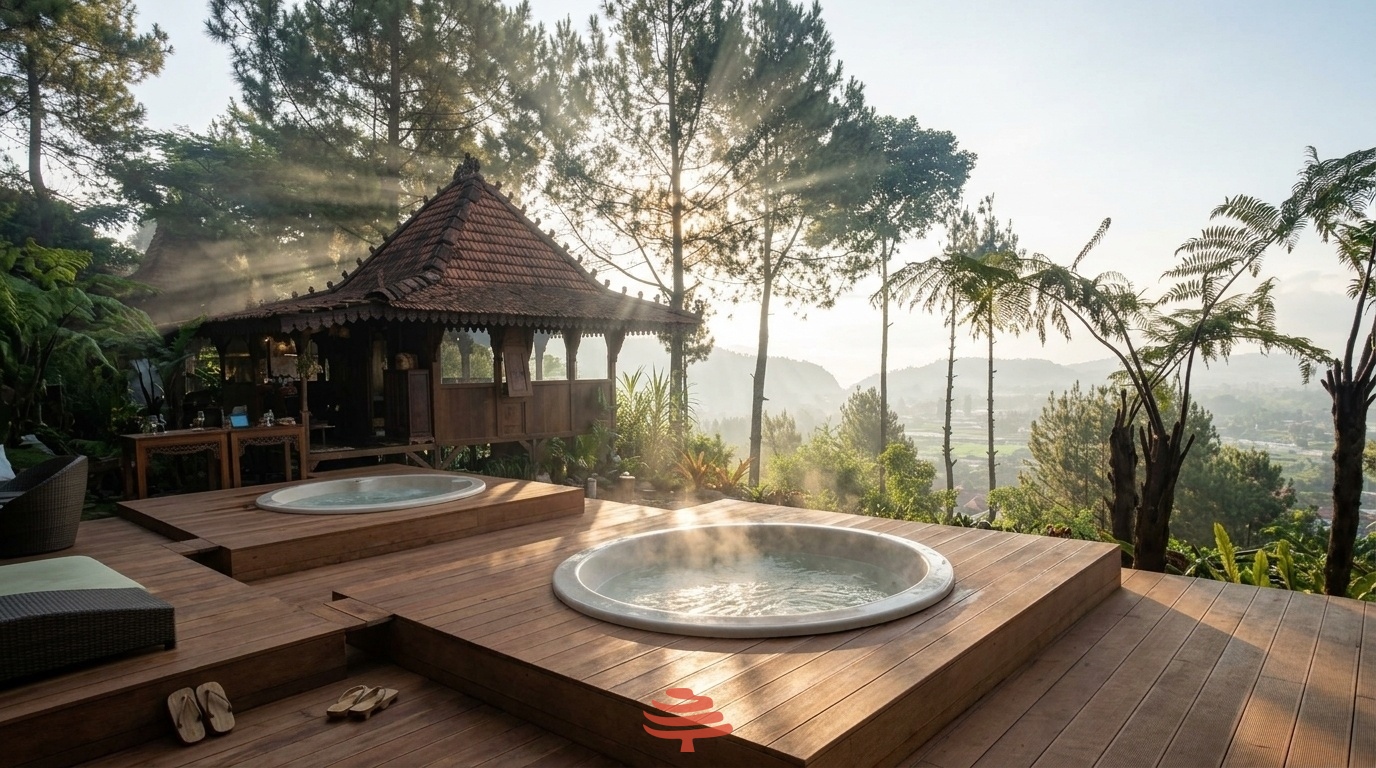 Mulberry Hill Authentic Javanese Joglo Villa and Steaming Outdoor Hot Tub Deck in Maribaya Morning Pine Mist