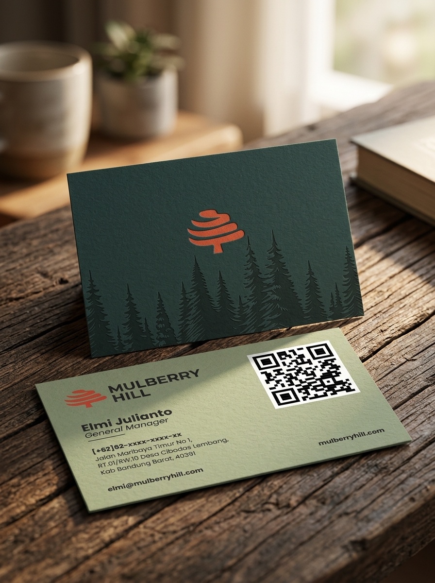 Mulberry Hill Luxury Duplex Business Cards in Pine Green and Mountain Sage with Blind Debossed Terracotta Monogram and Pine Tree Line Silhouette