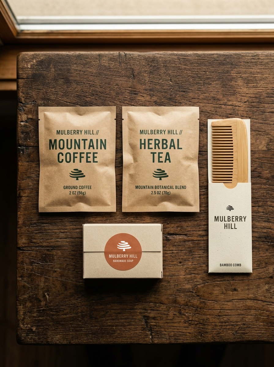 Mulberry Hill In-Room Amenities Suite with Mountain Coffee Kraft Sachet, Herbal Tea, Soap, and Bamboo Comb