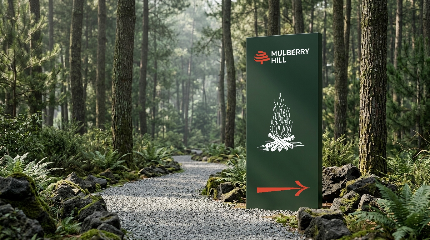 Mulberry Hill Monolith Directional Wayfinding Totem with Hand-Drawn Bonfire Illustration along Misty Maribaya Forest Trail