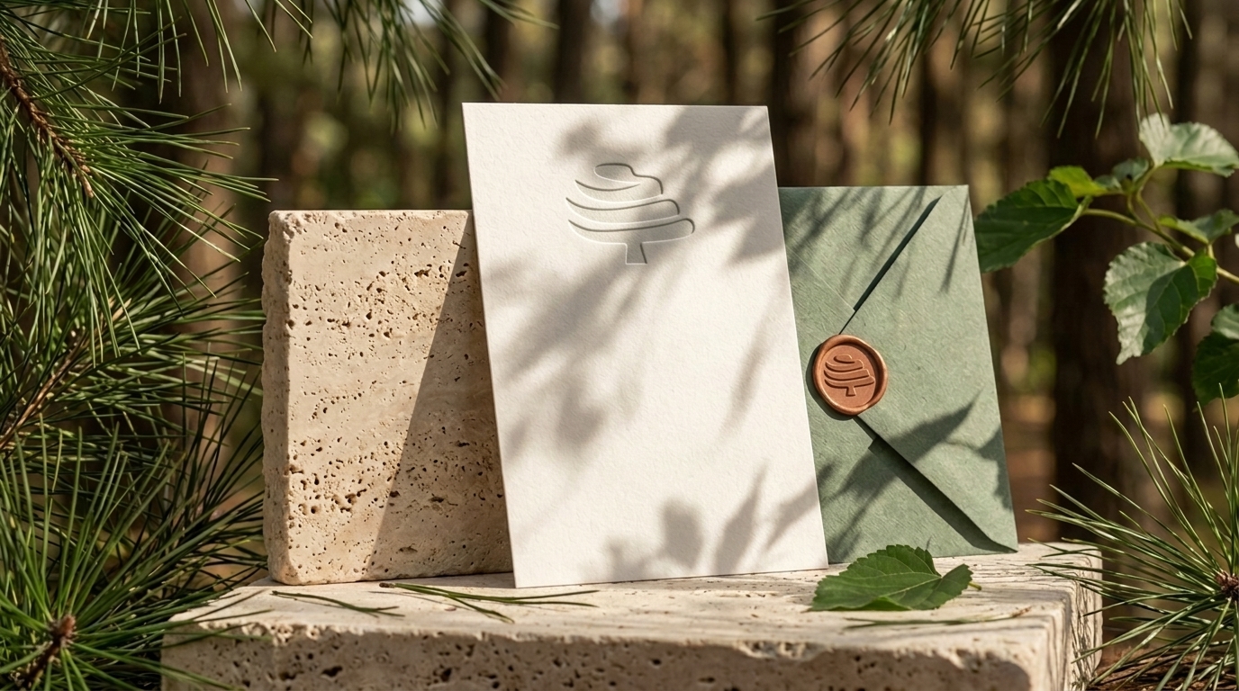 Mulberry Hill Welcome Keycard Suite with Blind Debossed Calligraphic Logo on Porous Travertine Stone in Maribaya Morning Light