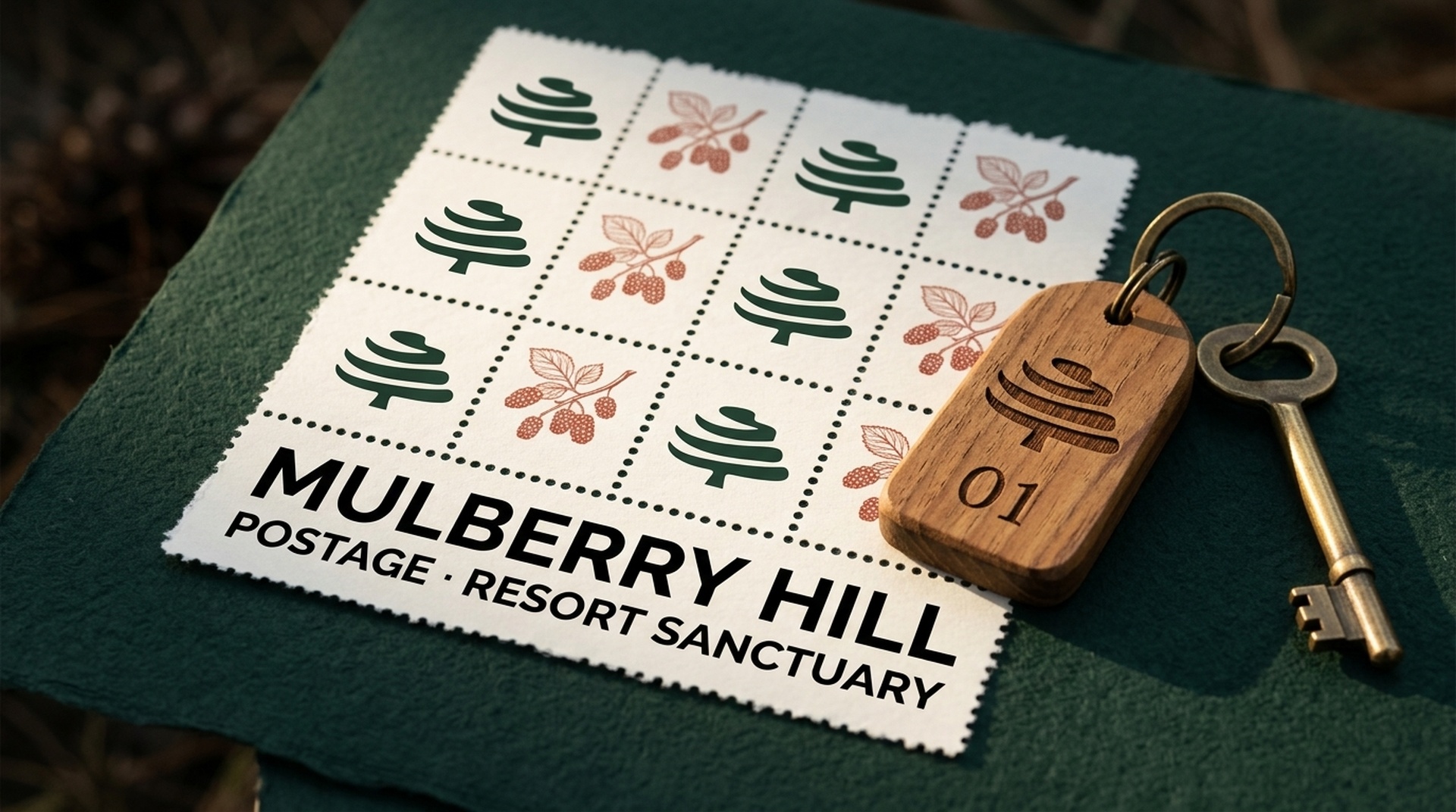 Mulberry Hill Perforated Botanical Stamps Sheet and Solid Teak Room 01 Key Fob with Antique Brass Ring