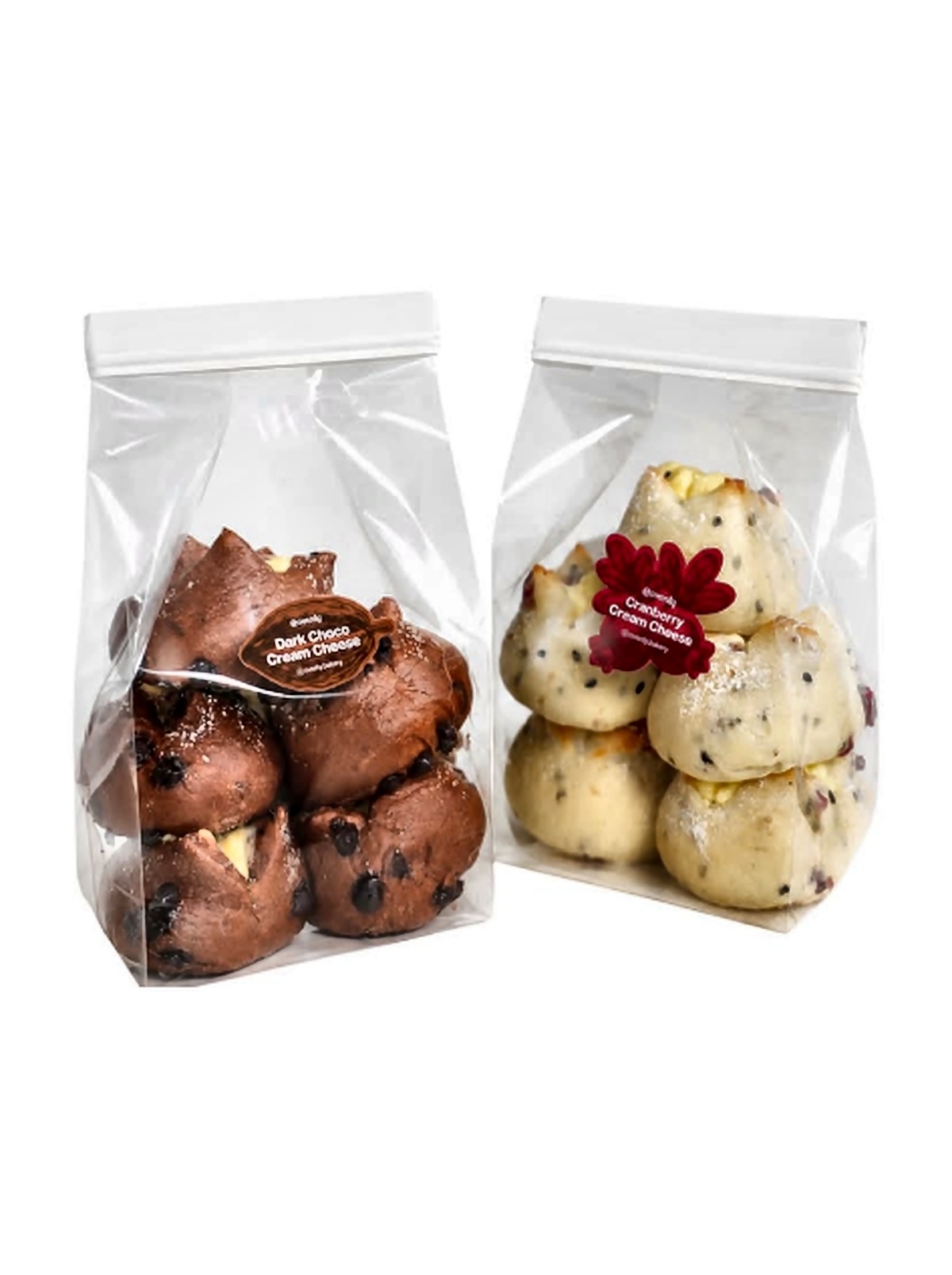 Ovenly Clear Stand-Up Pouches for Dark Choco & Cranberry Mini Buns with Custom Die-Cut Stickers