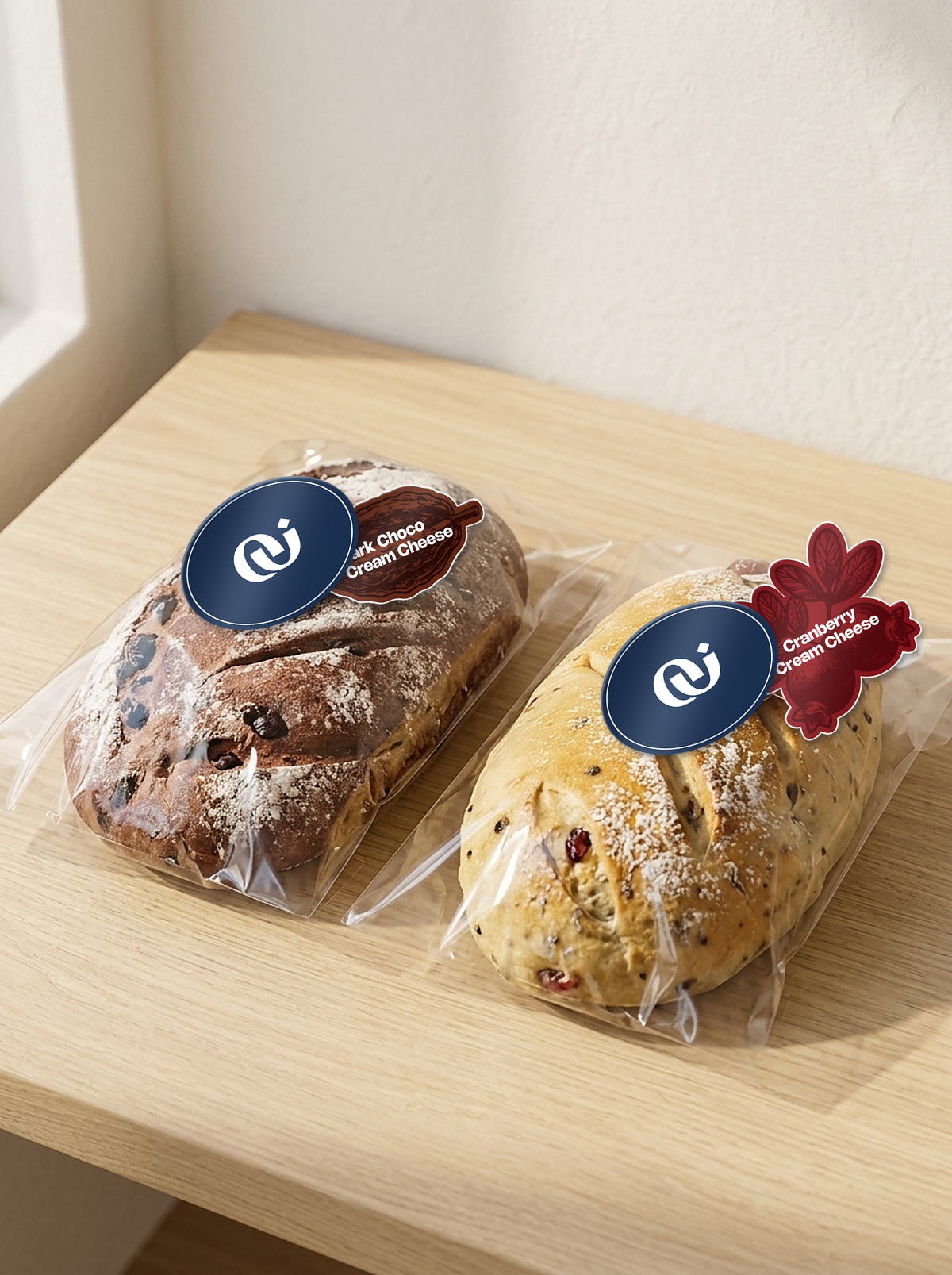 Ovenly Wrapped Artisan Sourdough Loaves with Dual Sticker System on Natural Bakery Counter