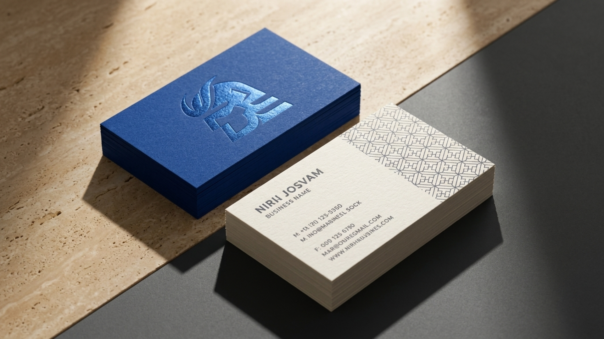 Duplex Cotton Business Cards with Cobalt Foil and Seigaiha Pattern