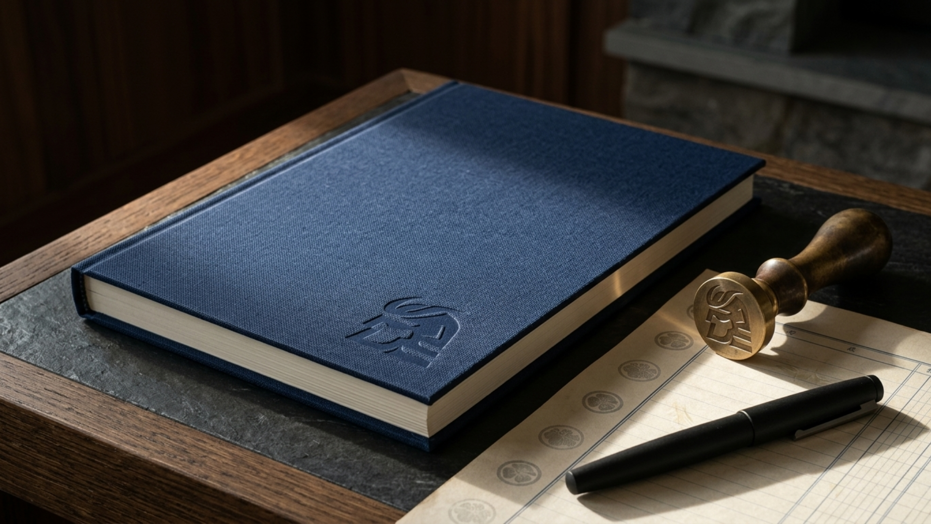 Clothbound Hardcover Navy Ledger and Brass Seal Stamp